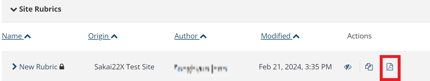 image showing rubrics actions and the location of the pdf icon