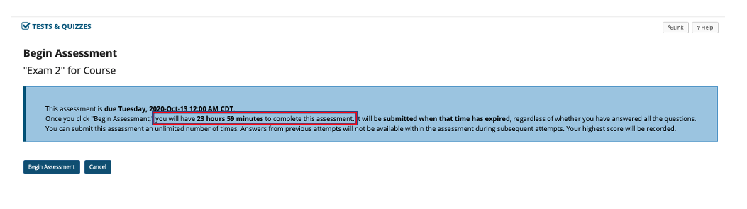 This image displays the page before a student begins an assessment in Sakai. Shown is the due date and time allowed by the instructor for the assessment.
