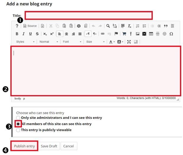 #1 highlights the text bar where you can add a title. #2 highlights the text box where you can enter a body for your blog post. #3 highlights the choice option to select visibility of the blog post. #4 highlights the Publish entry button, which publishes the entry to everyone who is set to see it.
