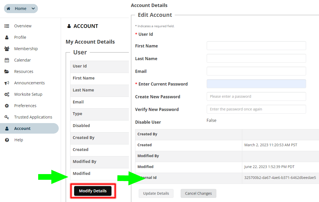 This image shows how to reset Sakai guest account passwords.