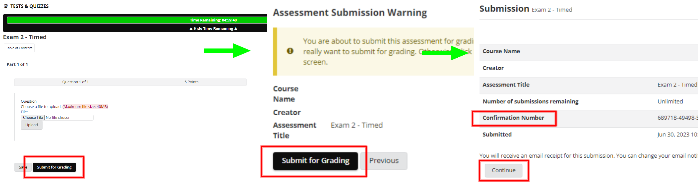 This image shows three screens: the final question page, the confirm submission page, and the successful submission page. Highlighted in the first screen is the submit for grading button. Highlighted in the second screen is the confirm submit for grading button. Highlighted in the third screen is the continue button once a confirmation number is received.